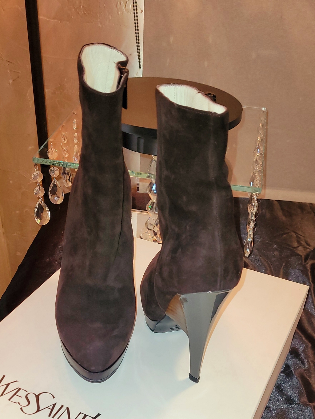 Yves Saint Laurent (Ysl) Chocolate Brown Suede Platform Ankle Boots Vintage 37